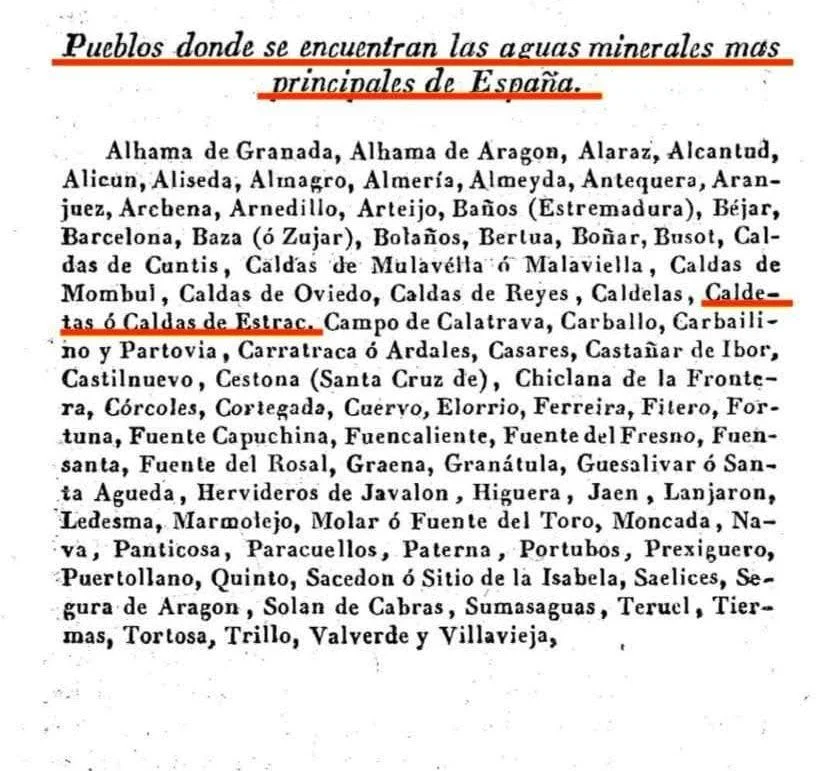 Documento storico con l’elenco delle località con le acque minerali più importanti di Spagna, dove compare Caldetes
