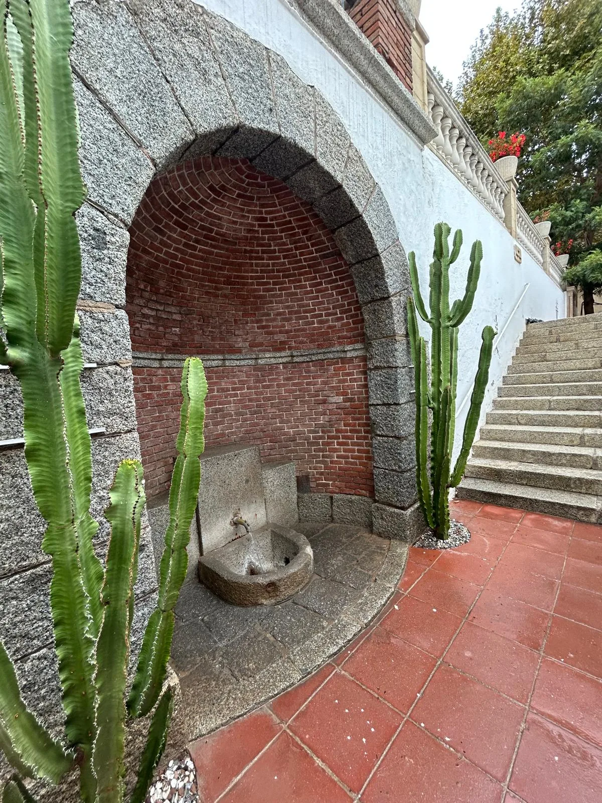 La font del manantial sota l'arc de maó, amb els cactus a banda i banda